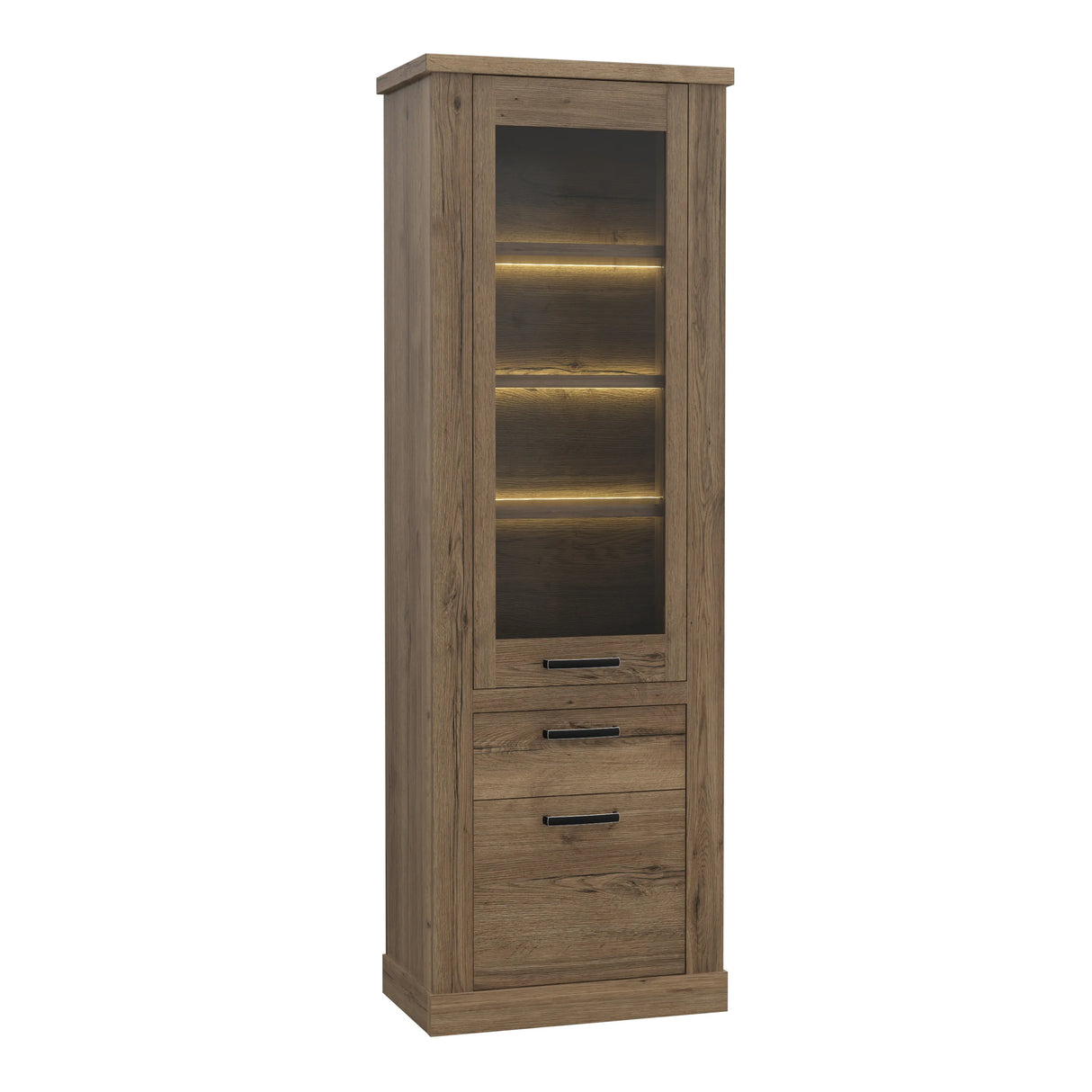 Corona 2 Door 1 Drawer 3 Shelves Narrow Display Cabinet in Tabak Oak