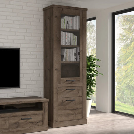 Corona 2 Door 1 Drawer 3 Shelves Narrow Display Cabinet in Tabak Oak