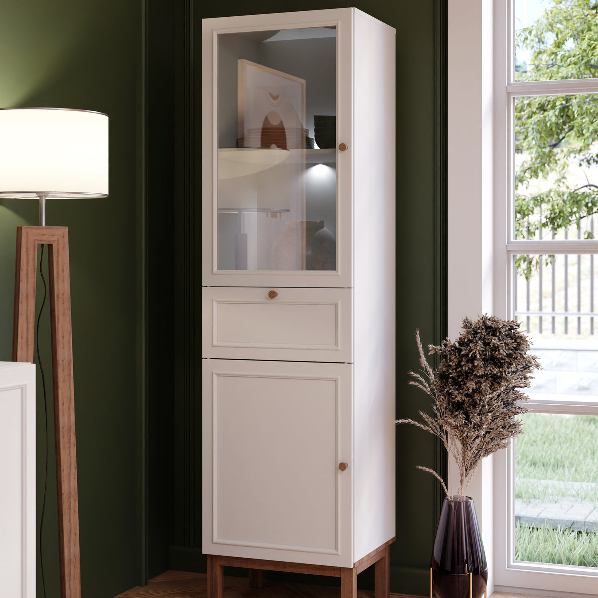 Wensley Display Cabinet with 1 Door 1 Drawer and  1 Glass Door in Light Grey and Oak inc LED Lighting