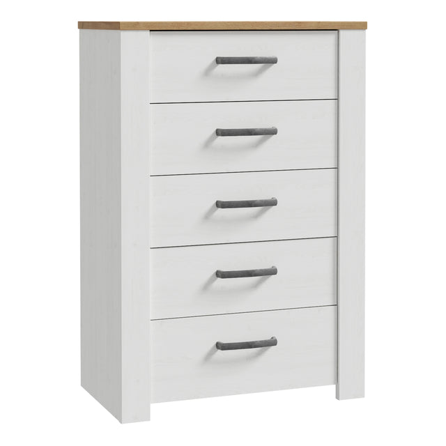 Bohol 5 Drawer Narrow Chest in White/Riviera Oak
