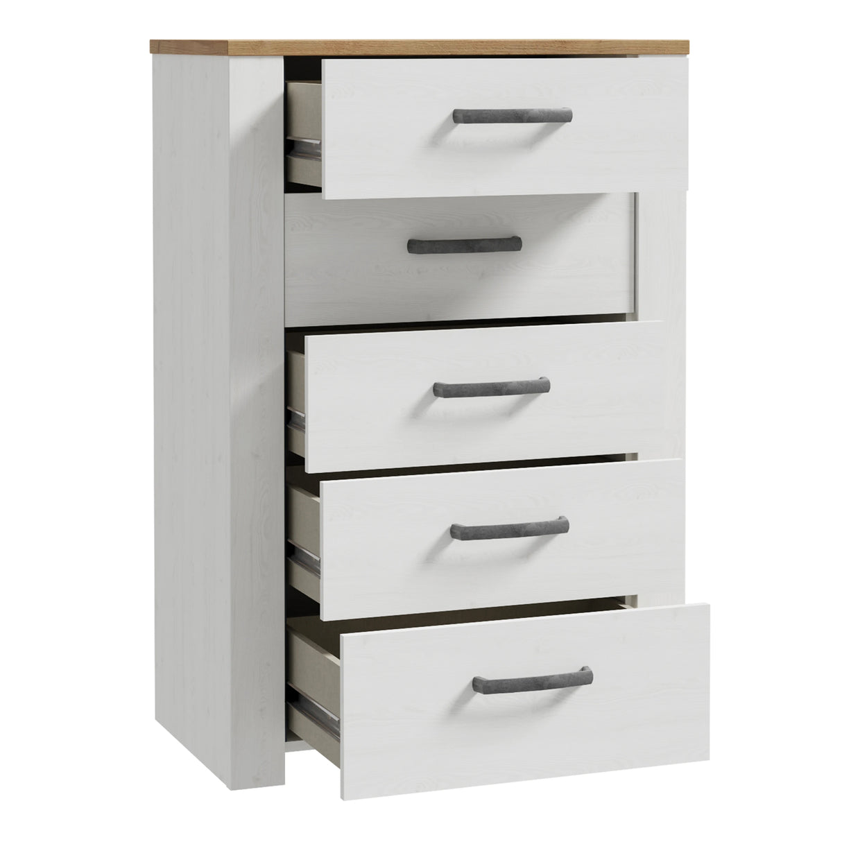 Bohol 5 Drawer Narrow Chest in White/Riviera Oak