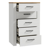 Bohol 5 Drawer Narrow Chest in White/Riviera Oak