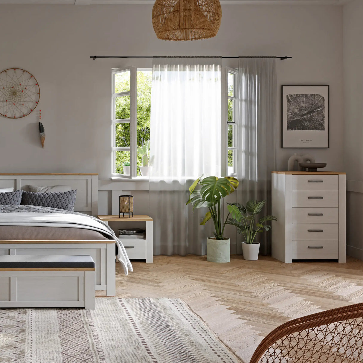Bohol 5 Drawer Narrow Chest in White/Riviera Oak
