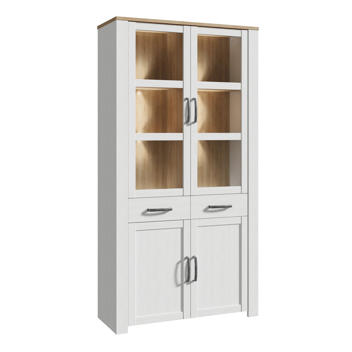 Bohol Display Cabinet 4 Door 2 Drawers in White/Riviera Oak inc LED Lighting