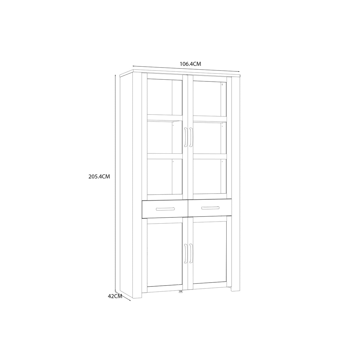 Bohol Display Cabinet 4 Door 2 Drawers in White/Riviera Oak inc LED Lighting