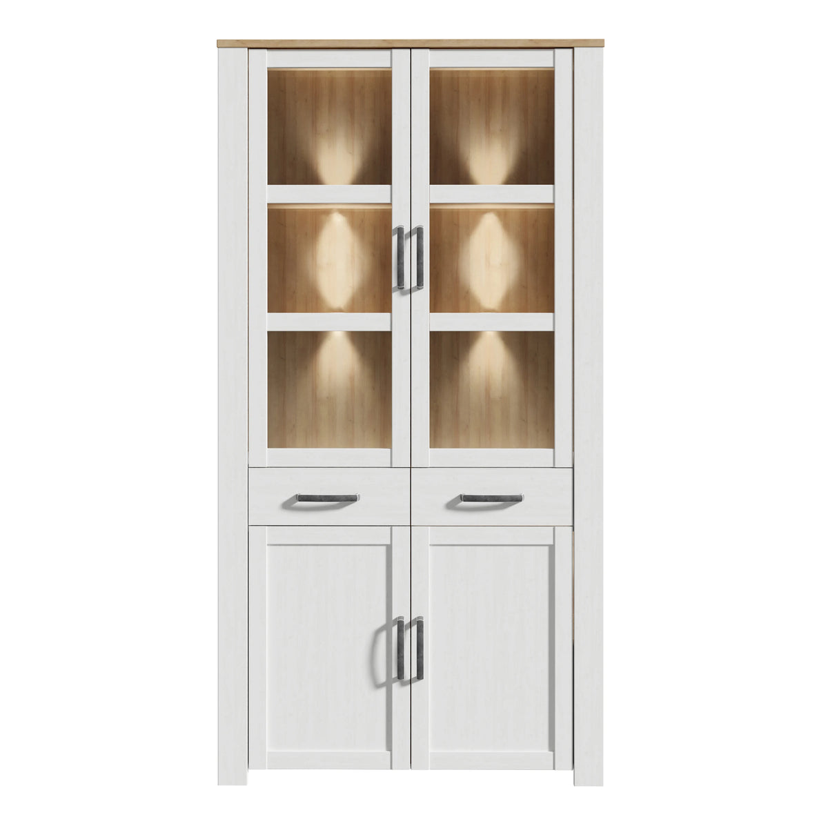 Bohol Display Cabinet 4 Door 2 Drawers in White/Riviera Oak inc LED Lighting