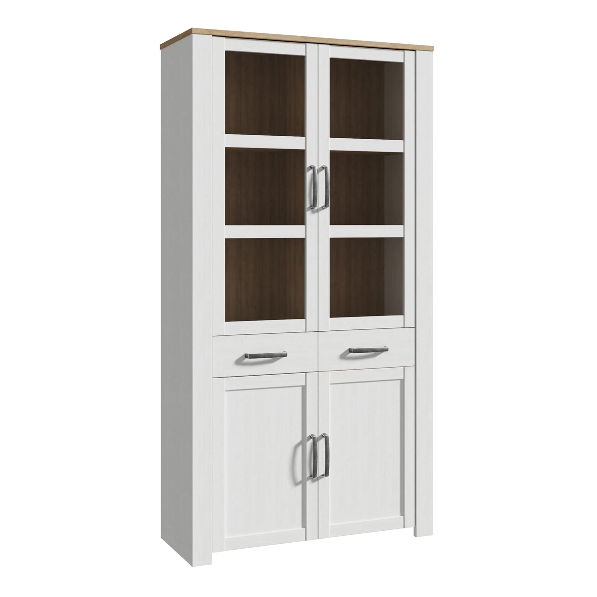 Bohol Display Cabinet 4 Door 2 Drawers in White/Riviera Oak inc LED Lighting