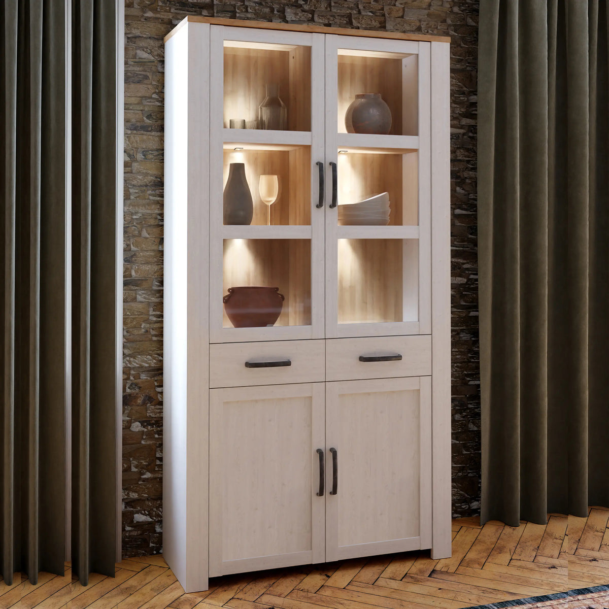 Bohol Display Cabinet 4 Door 2 Drawers in White/Riviera Oak inc LED Lighting