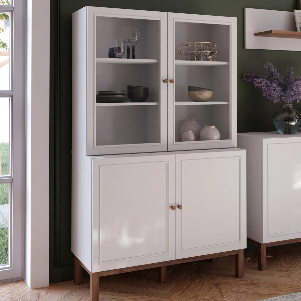 Wensley Display Cabinet with 2 Doors and 2 Glass Doors in Light Grey and Oak