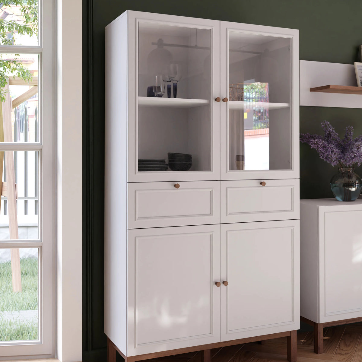 Wensley Display Cabinet with 2 Doors 2 Drawers and 2 Glass Doors in Light Grey and Oak