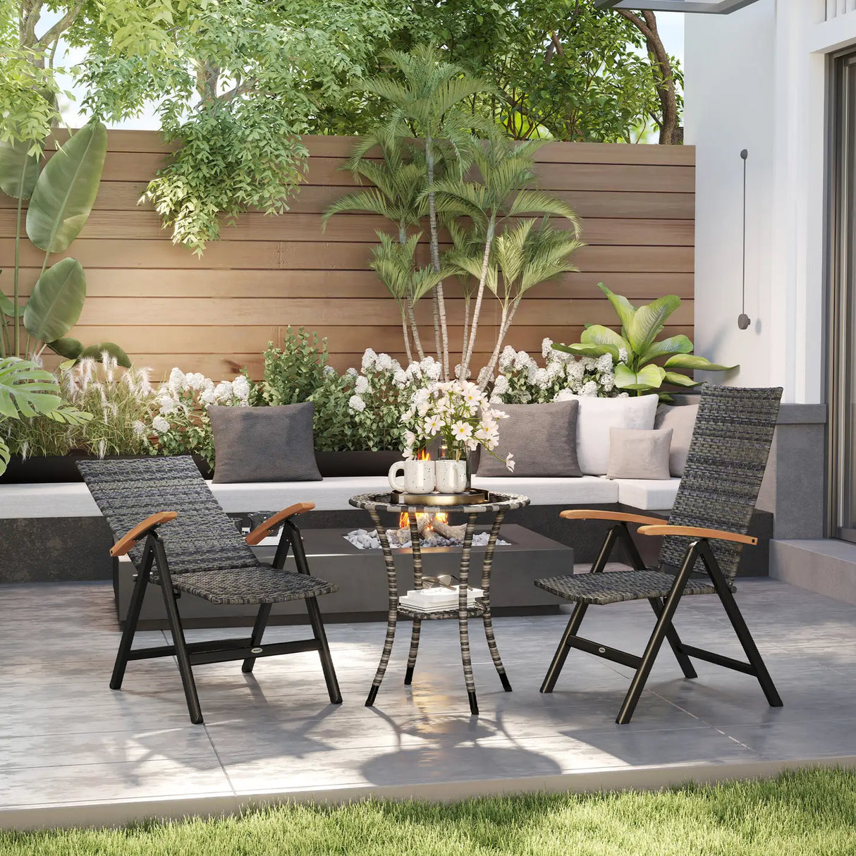 Outsunny 2 Pieces Folding Rattan Garden Dining Chairs with 5-level Reclining High Back, Wood Armrests for Outdoor - Mixed-grey