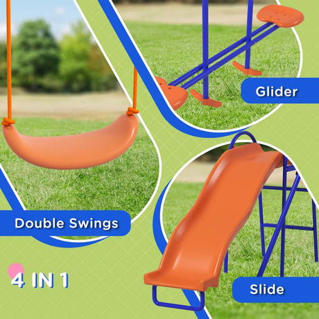 Outsunny Four-In-One Metal Garden Swing Set, with Double Swings, Glider, Slider, Ladder - Orange and Blue