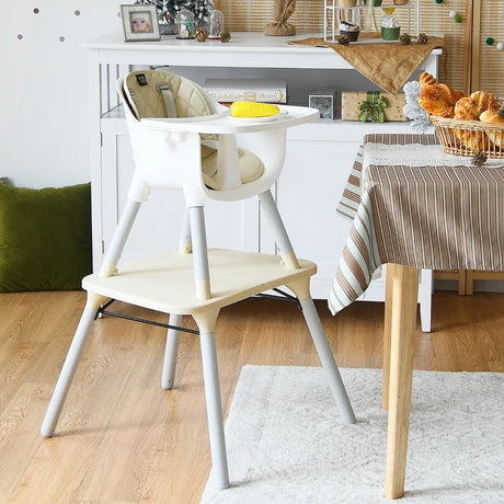 convertible Baby High Chair with 2-Position Removable Tray-Beige
