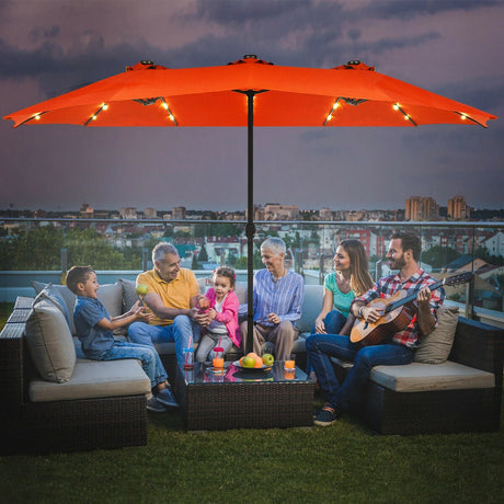 15 Ft Solar LED Patio Double-sided Umbrella Market Umbrella with Weight Base-Orange