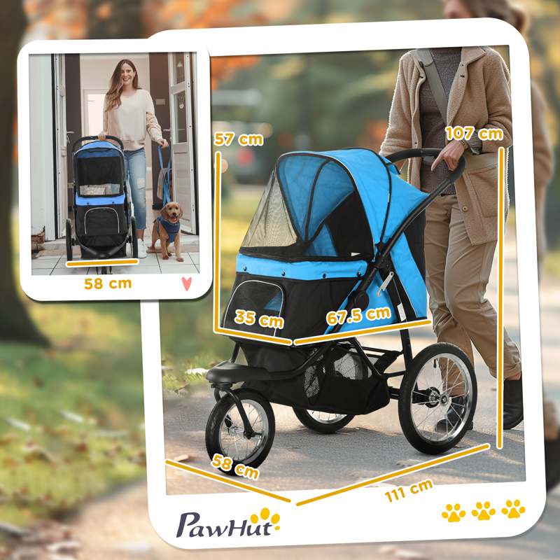 PawHut Dog Pram Dog Stroller Jogger Foldable Pet Pushchair for Medium, Small Dogs, w/ Rubber Wheels, Washable Cushion - Blue