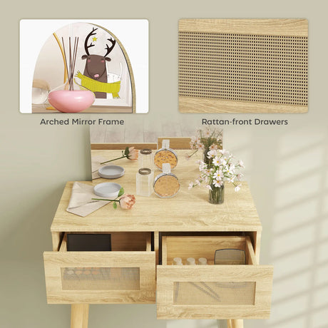 HOMCOM Dressing Table, Compact Vanity Desk with Mirror and 2 Drawers, Natural Wood Finish