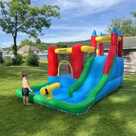 Outsunny Kids Inflatable Bouncy Castle Water Slide 6 in 1 Bounce House Jumping Castle Water Pool Gun Climbing Wall Basketball Hoop with Air Blower for Summer Playland