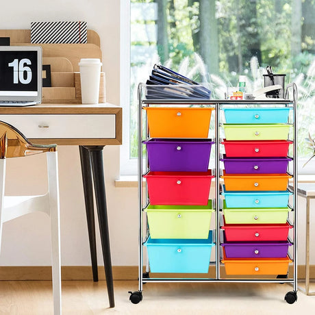 15 Drawer Rolling Storage Cart with Wheels for Home Office-Macaroon