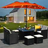 15 Ft Solar LED Patio Double-sided Umbrella Market Umbrella with Weight Base-Orange