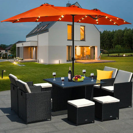 15 Ft Solar LED Patio Double-sided Umbrella Market Umbrella with Weight Base-Orange
