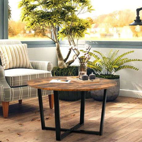 Round Industrial Style Cocktail Side Coffee Table With Metal Frame-Brown
