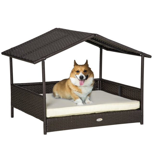 PawHut Wicker Dog House, Rattan Pet Bed, with Removable Cushion, Canopy, for Small and Medium Dogs - Cream