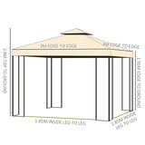 Outsunny 3(m) x 3(m) Garden Gazebo, Double Roof Outdoor Gazebo Canopy Shelter with Netting, Solid Steel Frame, for Garden, Lawn and Deck, Beige