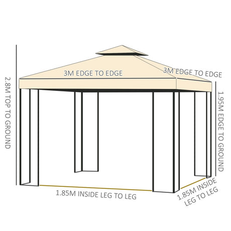 Outsunny 3(m) x 3(m) Garden Gazebo, Double Roof Outdoor Gazebo Canopy Shelter with Netting, Solid Steel Frame, for Garden, Lawn and Deck, Beige