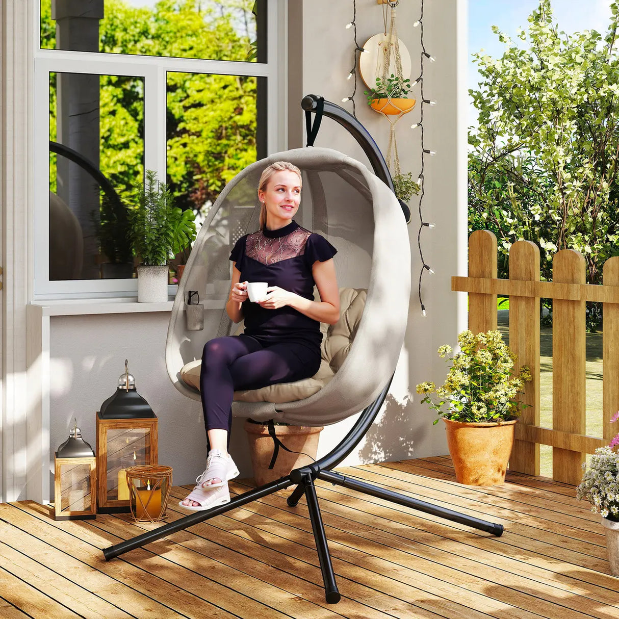 Outsunny Hanging Egg Chair, Folding Texteline Swing Hammock with Side Pocket, Cushion and Stand for Indoor Outdoor, Patio Garden Furniture, Khaki