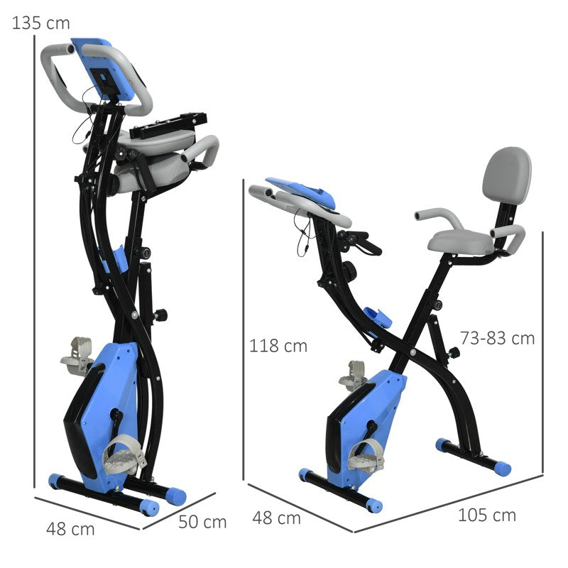 HOMCOM 2-in-1 Folding Exercise Bike with 8-Level Magnetic Resistance, Arm Resistance Band, Pulse Sensor, Blue