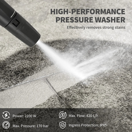 Outsunny 2200W High Pressure Washer, 170 Bar Pressure, 420 L/h Flow, Portable Electric Power Washer Jet Wash Cleaner with Adjustable Nozzle 6M Hose and Hose Reel for Home Patio Car Driveway