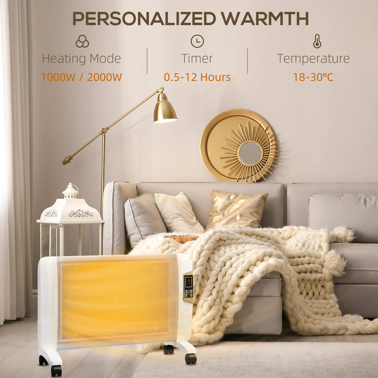 HOMCOM Mica Electric Space Heater, Portable Heater for Home with 2 Heat Settings, Living Room, Study, Garage, Adjustable Temperature 18-30C, 1000W/2000W, White