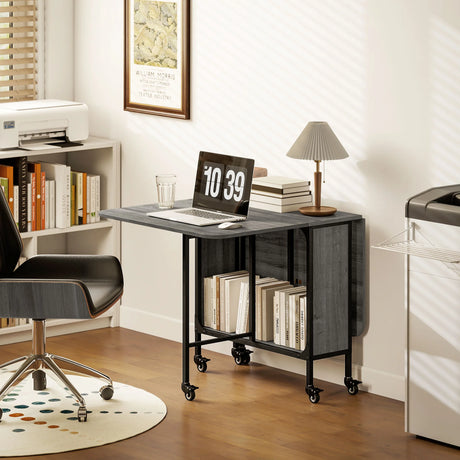 HOMCOM Six-Person Drop Leaf Dining Table - Grey/Black