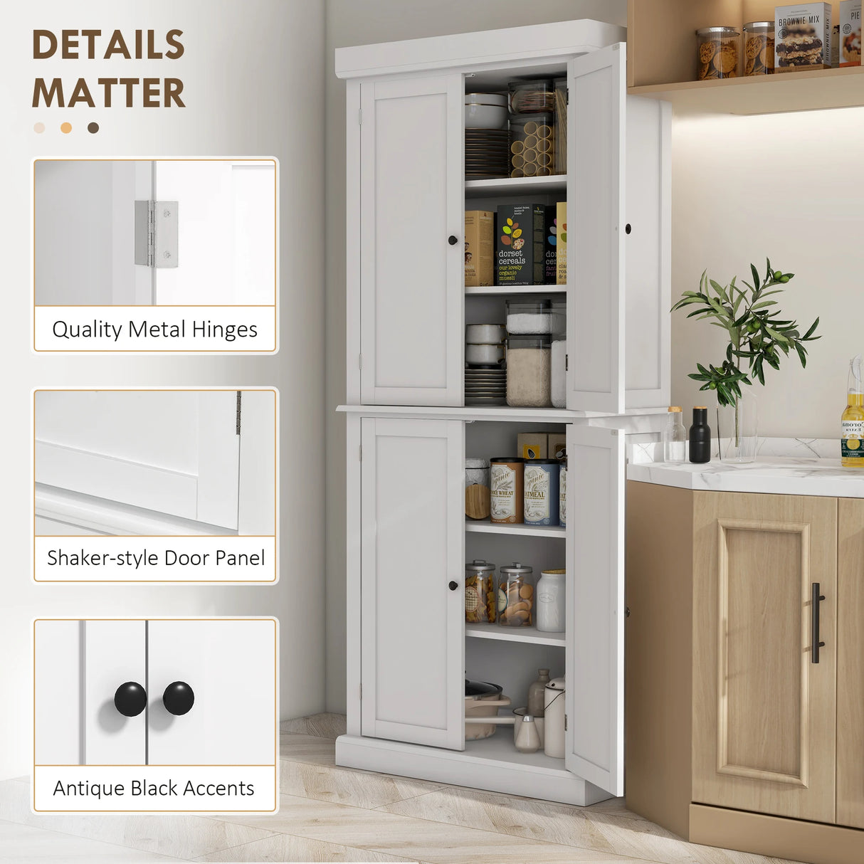 HOMCOM Freestanding Kitchen Cupboard with 4 Doors, Storage Cabinet with 6-Tier Shelving and 4 Adjustable Shelves, White