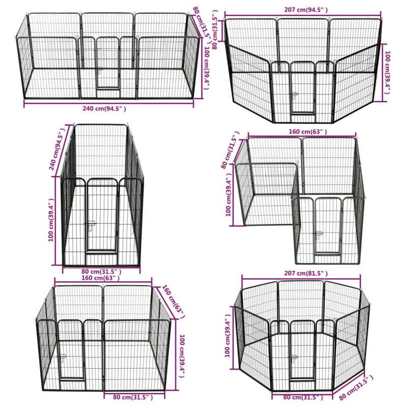 vidaXL Dog Playpen 8 Panels Steel 80x100 cm Black