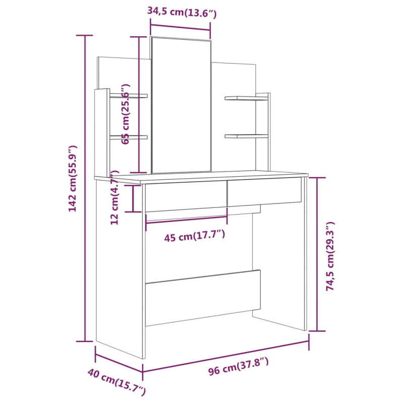 vidaXL Dressing Table with Mirror Sonoma Oak 96x40x142 cm