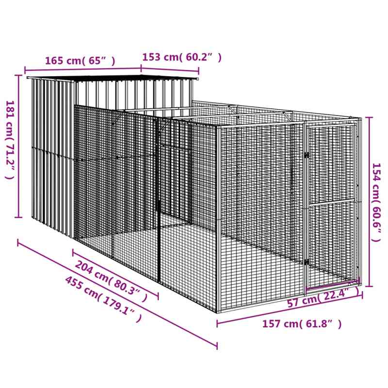 vidaXL Dog House with Run Anthracite 165x455x181 cm Galvanised Steel