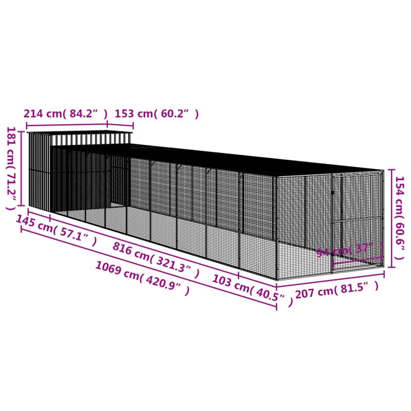 vidaXL Dog House with Run Anthracite 214x1069x181 cm Galvanised Steel