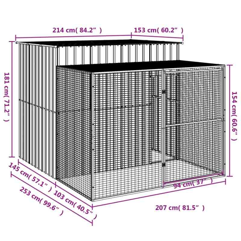 vidaXL Dog House with Run Light Grey 214x253x181 cm Galvanised Steel