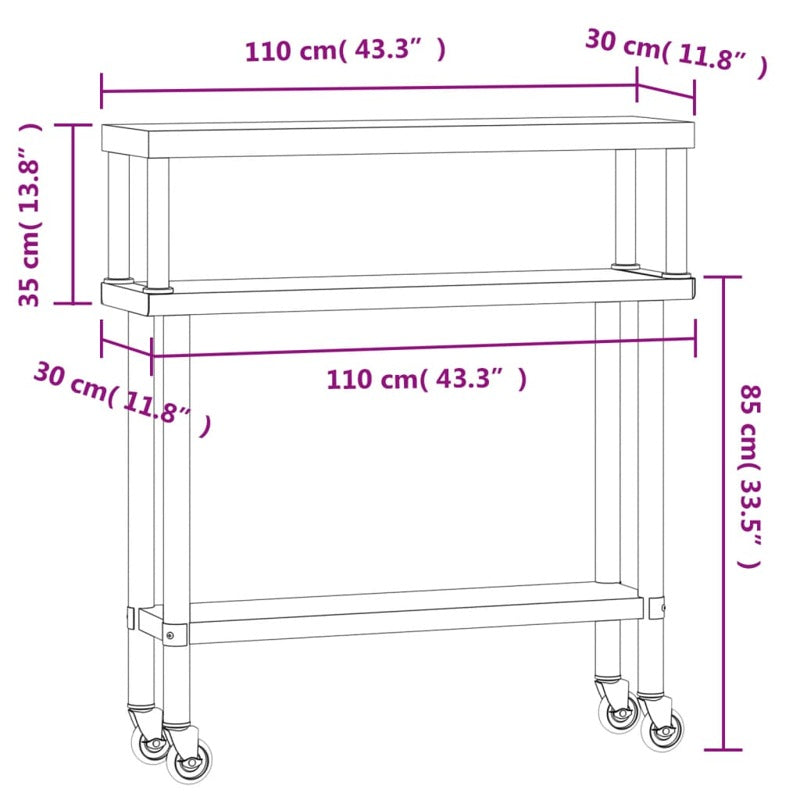 vidaXL Kitchen Work Table with Overshelf 110x30x120 cm Stainless Steel