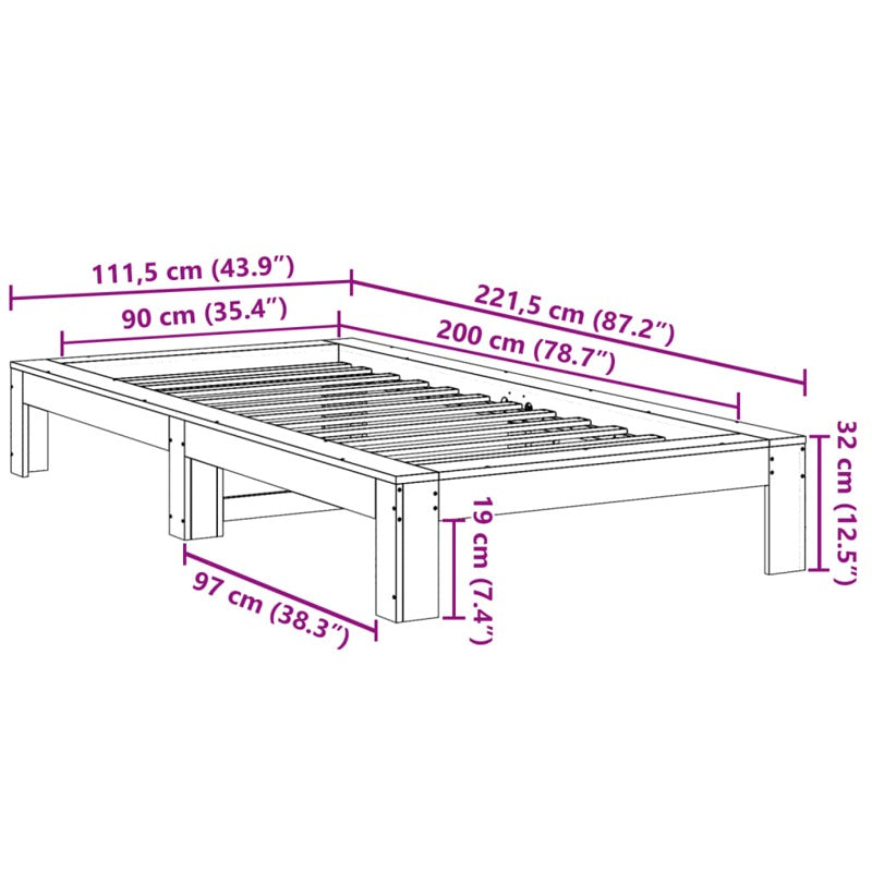 vidaXL Bed Frame without Mattress Wax Brown 90x200 cm Solid Wood Pine