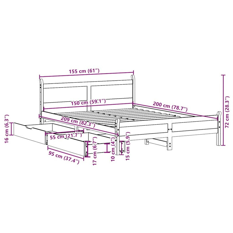 vidaXL Bed Frame without Mattress 150x200 cm King Size Solid Wood Pine