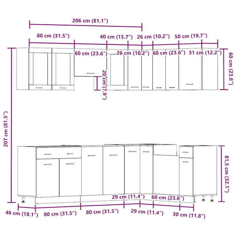 vidaXL 11 Piece Kitchen Cabinet Set Old Wood Engineered Wood