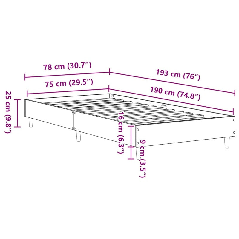 vidaXL Bed Frame No Mattress Grey Sonoma 75x190 cm Small Single Engineered Wood