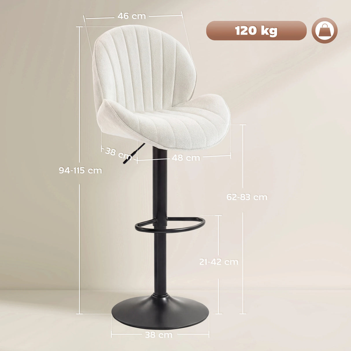 HOMCOM Bar Stools Set of 2, Swivel Barstools with Back, Adjustable Height and Footrest for Kitchen Island, Dining Room, Cream