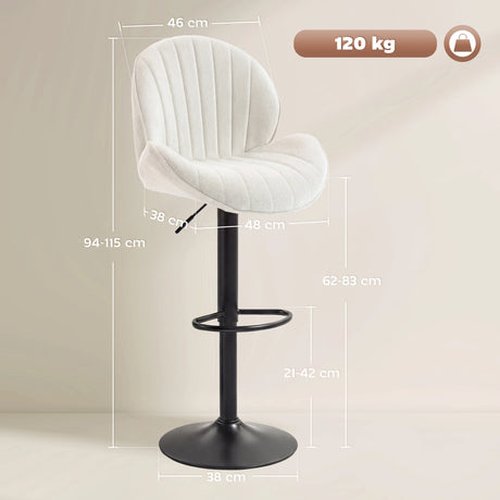 HOMCOM Bar Stools Set of 2, Swivel Barstools with Back, Adjustable Height and Footrest for Kitchen Island, Dining Room, Cream