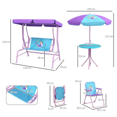 Outsunny 4PCs Kids Garden Furniture Set w/ 2 Seater Garden Swing Chair with Adjustable Canopy, Childrens Table and Chair Set with Parasol, for Toddler Girls 3-6 Years Old