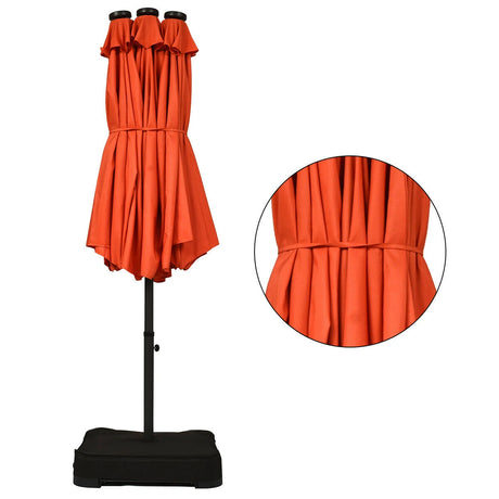 15 Ft Solar LED Patio Double-sided Umbrella Market Umbrella with Weight Base-Orange