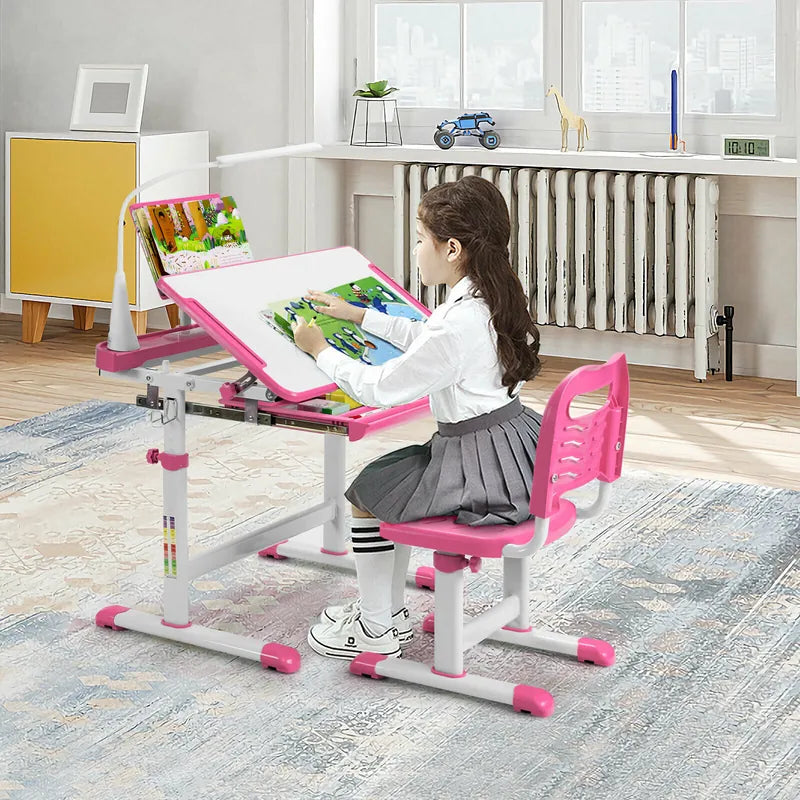 Height Adjustable Kids Study Table and Chair Set with Bookstand-Pink