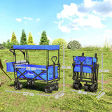 Outsunny Folding Trolley Cart Storage Wagon Beach Trailer 4 Wheels with Handle Overhead Canopy Cart Push Pull for Camping, Blue